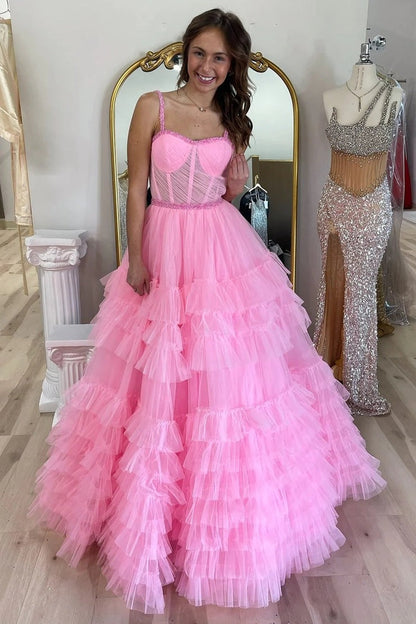 Sweetheart Tiered Ruffle Beaded Long Prom Dress, PD25190