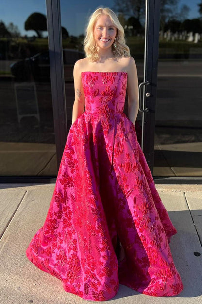 Red Jacquard Satin A Line Strapless Prom Dress, PD25265