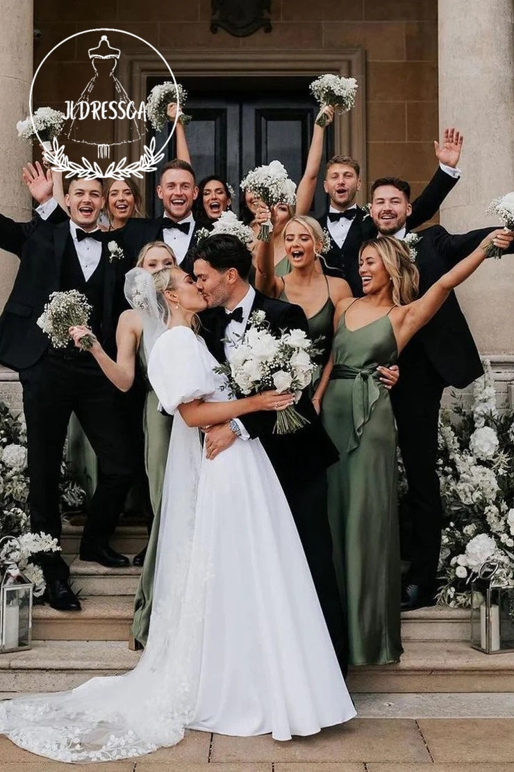 White A-Line Wedding Dresses with Deep V Neck and Puff Sleeves, WD25034