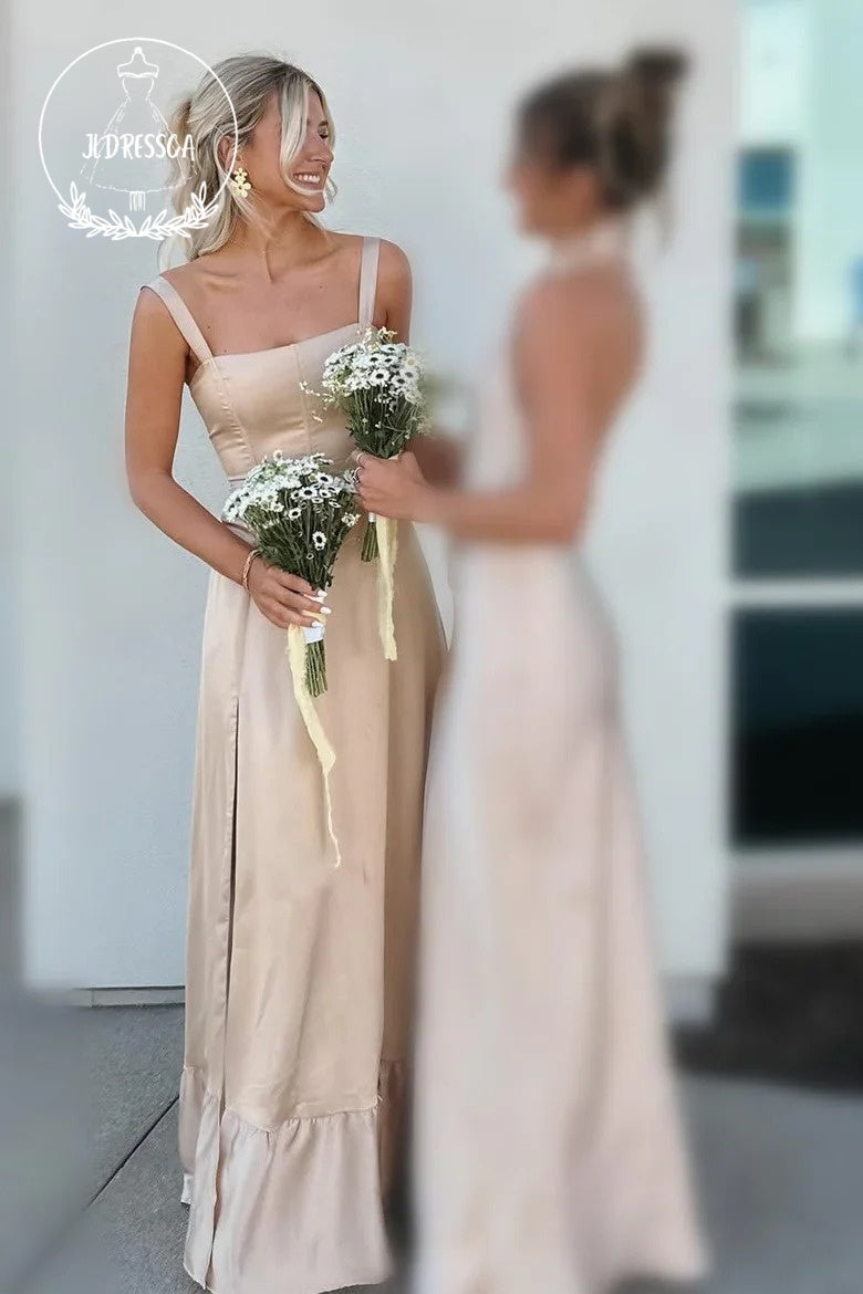 Satin Sheath Straps Fashion Tea Length Bridesmaid Dresses with Slit, BD25034