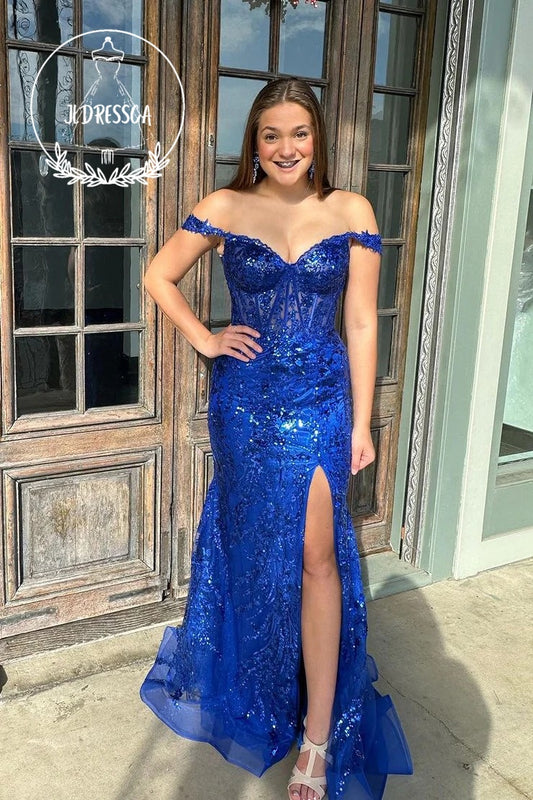 Royal Blue Long Off the Shoulder Sequin Lace Prom Dresses with Slit, PD25944