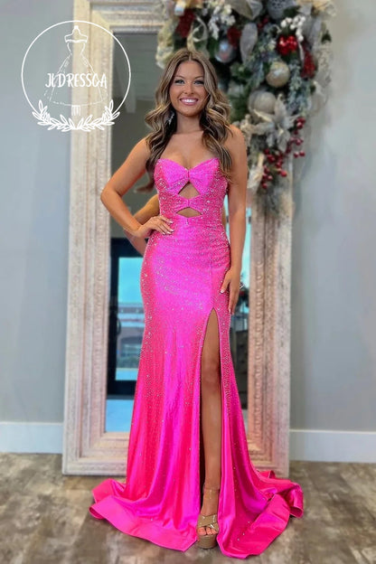 Sparkly Long Mermaid Sweetheart Hot Pink Satin Prom Dresses with Hot Stone Beading, PD25934