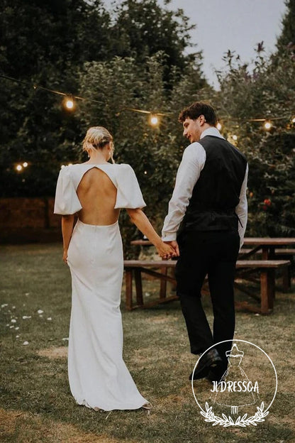 Fairy Long A-Line Elastic Satin Wedding Dresses with V Neck, WD25007