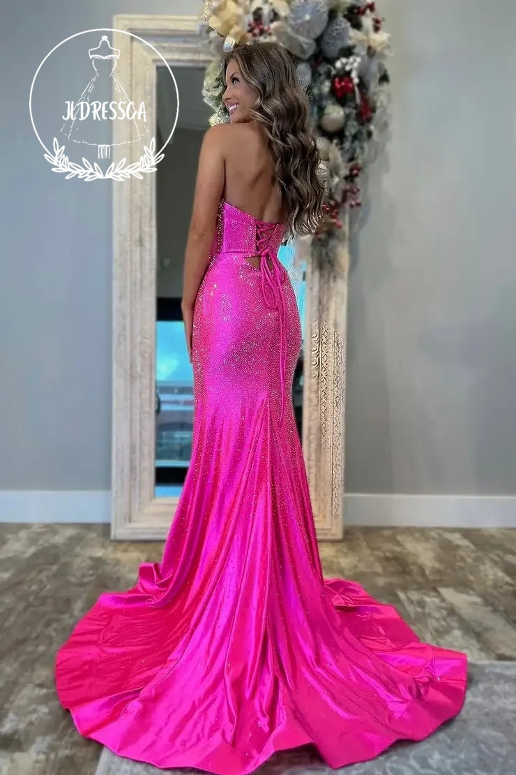 Sparkly Long Mermaid Sweetheart Hot Pink Satin Prom Dresses with Hot Stone Beading, PD25934