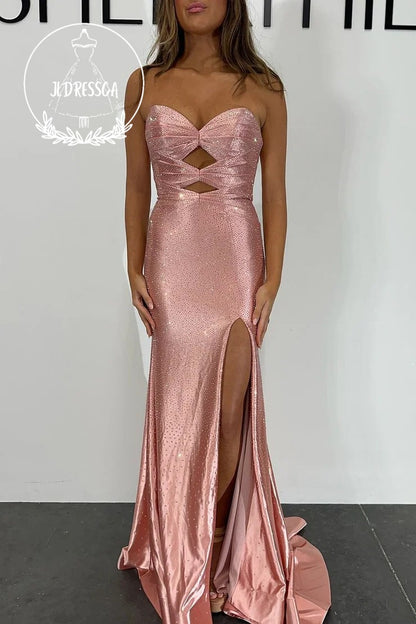 Sparkly Long Mermaid Sweetheart Hot Pink Satin Prom Dresses with Hot Stone Beading, PD25934