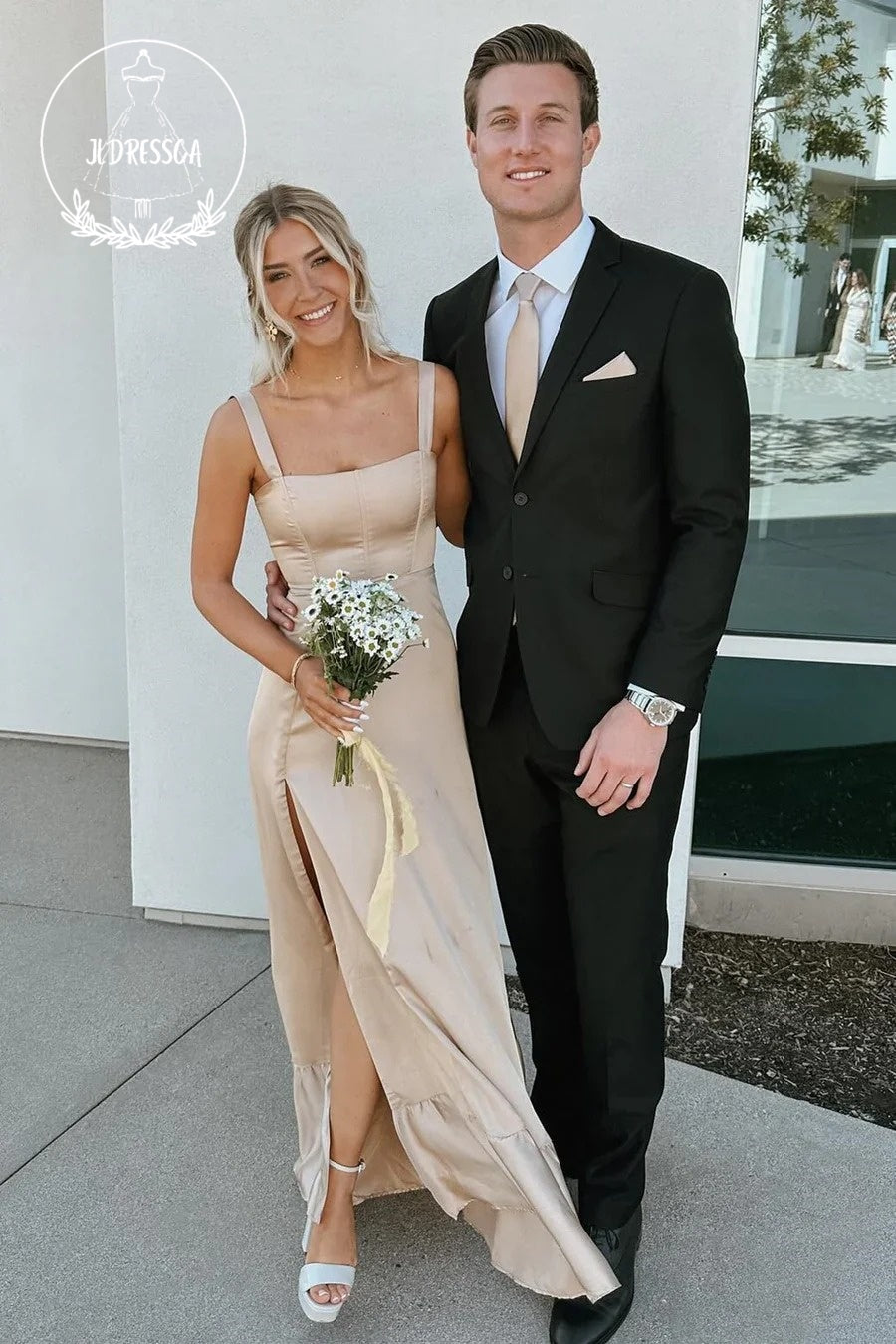 Satin Sheath Straps Fashion Tea Length Bridesmaid Dresses with Slit, BD25034