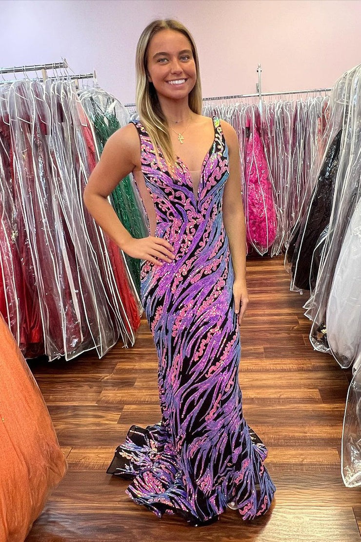 Sequins Lace Mermaid V Neck Long Prom Dress, PD25285