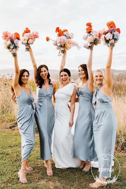Light Grey Sheath V Neck Chic Silk Satin Tea Length Bridesmaid Dresses, BD25035