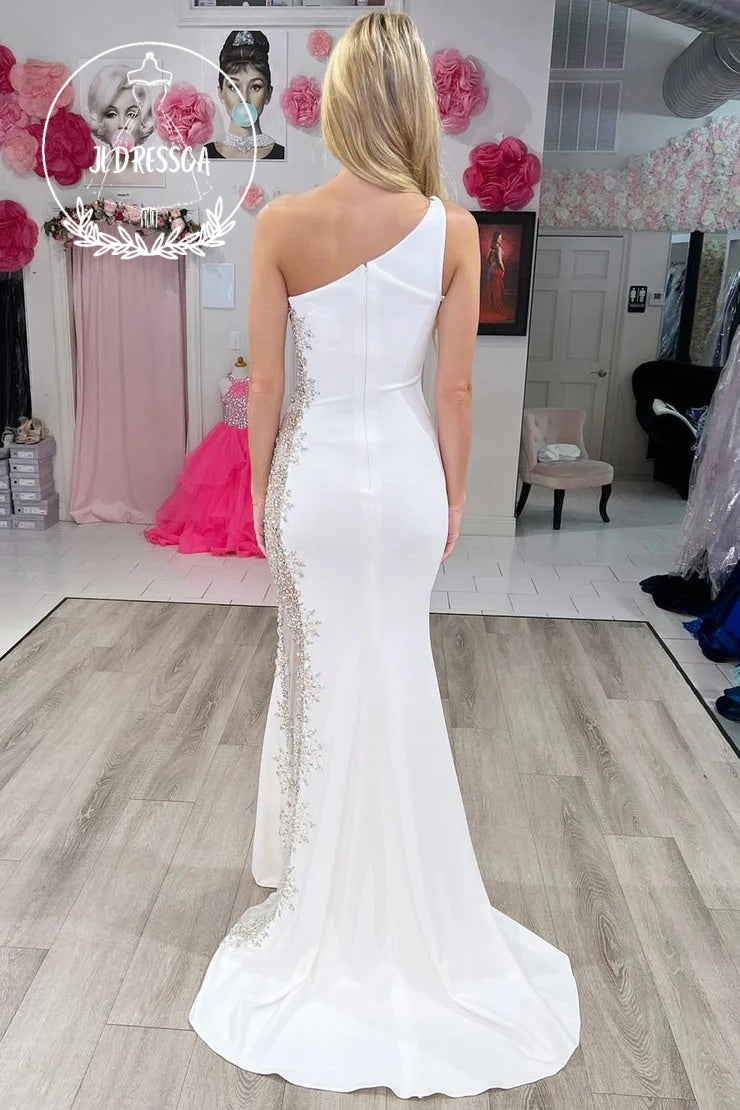 One-Shoulder Long White Formal Mermaid Dress in Sheer Mesh with Beading, PD25965