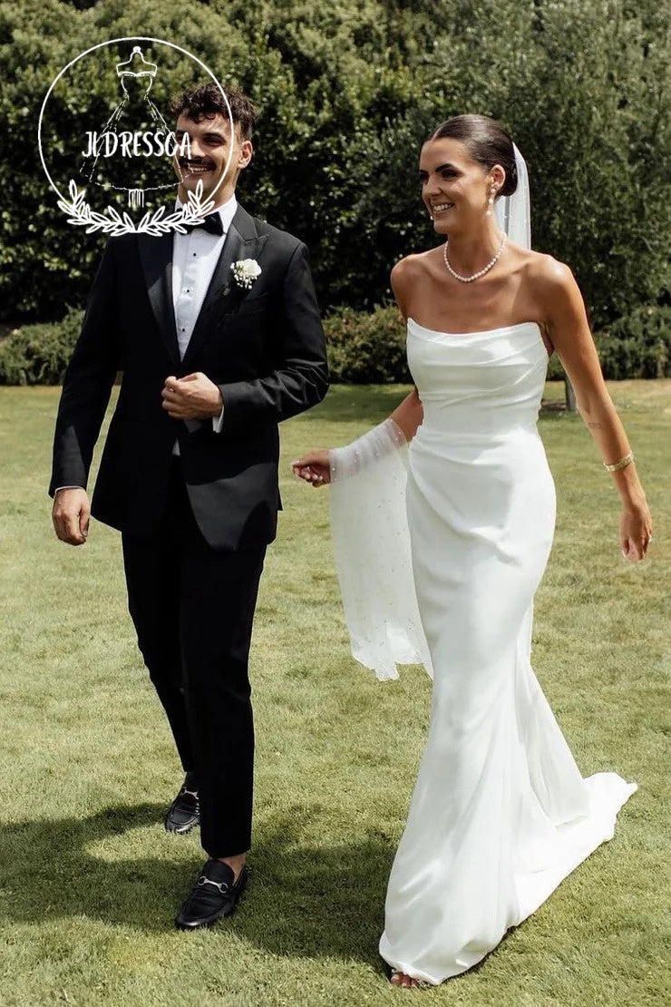 Simple White Strapless Satin Mermaid Wedding Dresses, WD25025