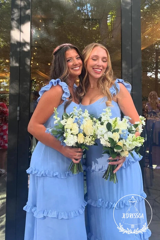Blue Sheath Square Neck Fairy Satin Bridesmaid Dress, BD25015