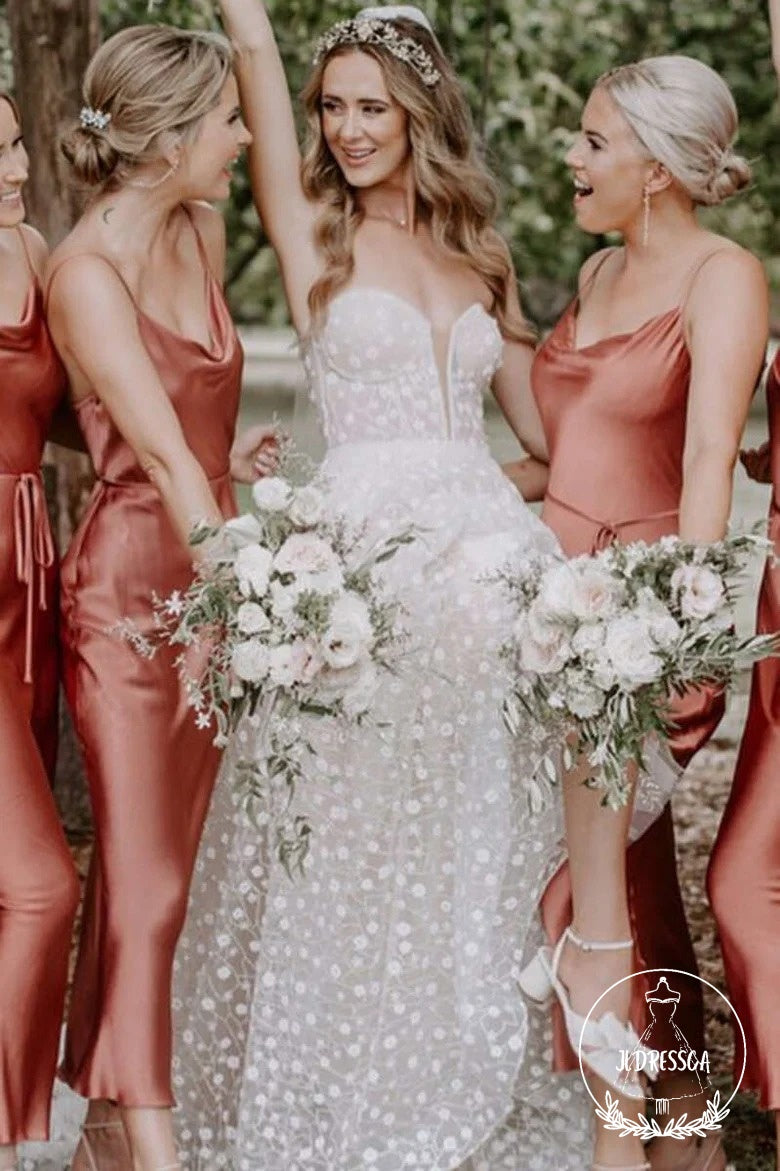 Bohemian Sheath Straps Rust Red Silk Satin Tea Lenght Bridesmaid Dresses, BD25025