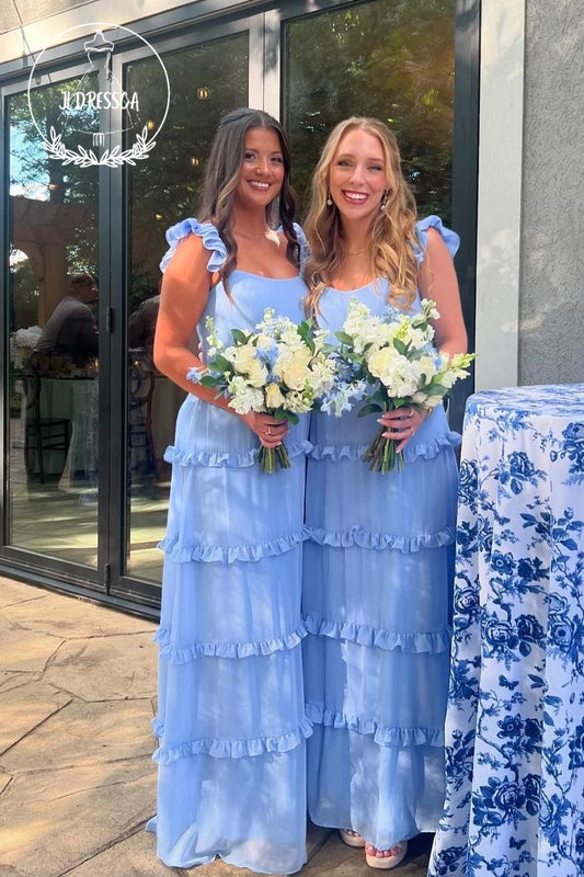Blue Sheath Square Neck Fairy Satin Bridesmaid Dress, BD25015