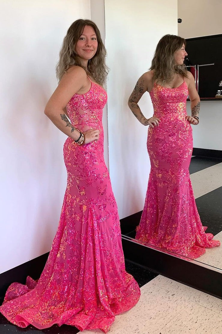 Fuchsia Scoop Neck Sequins Mermaid Long Prom Dress