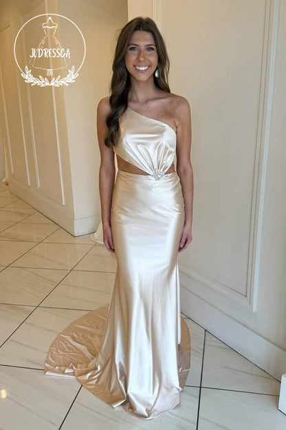 Champagne Elegant One-Shoulder Mermaid Silk Satin Bridesmaid Dresses, BD25056