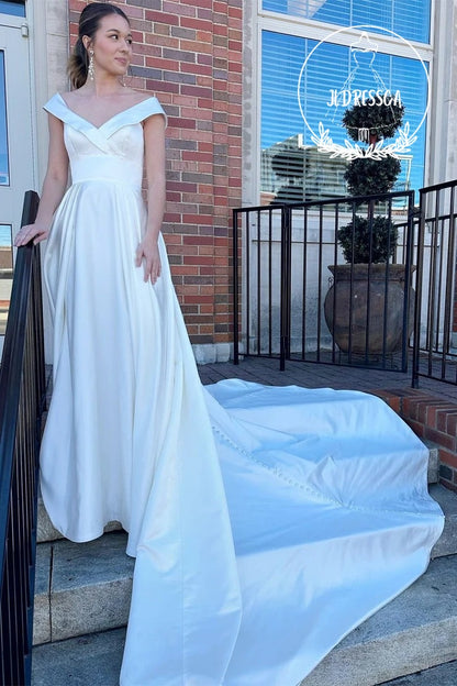 White A-Line Long Wedding Dress with V Neck and High-Waist, WD25036
