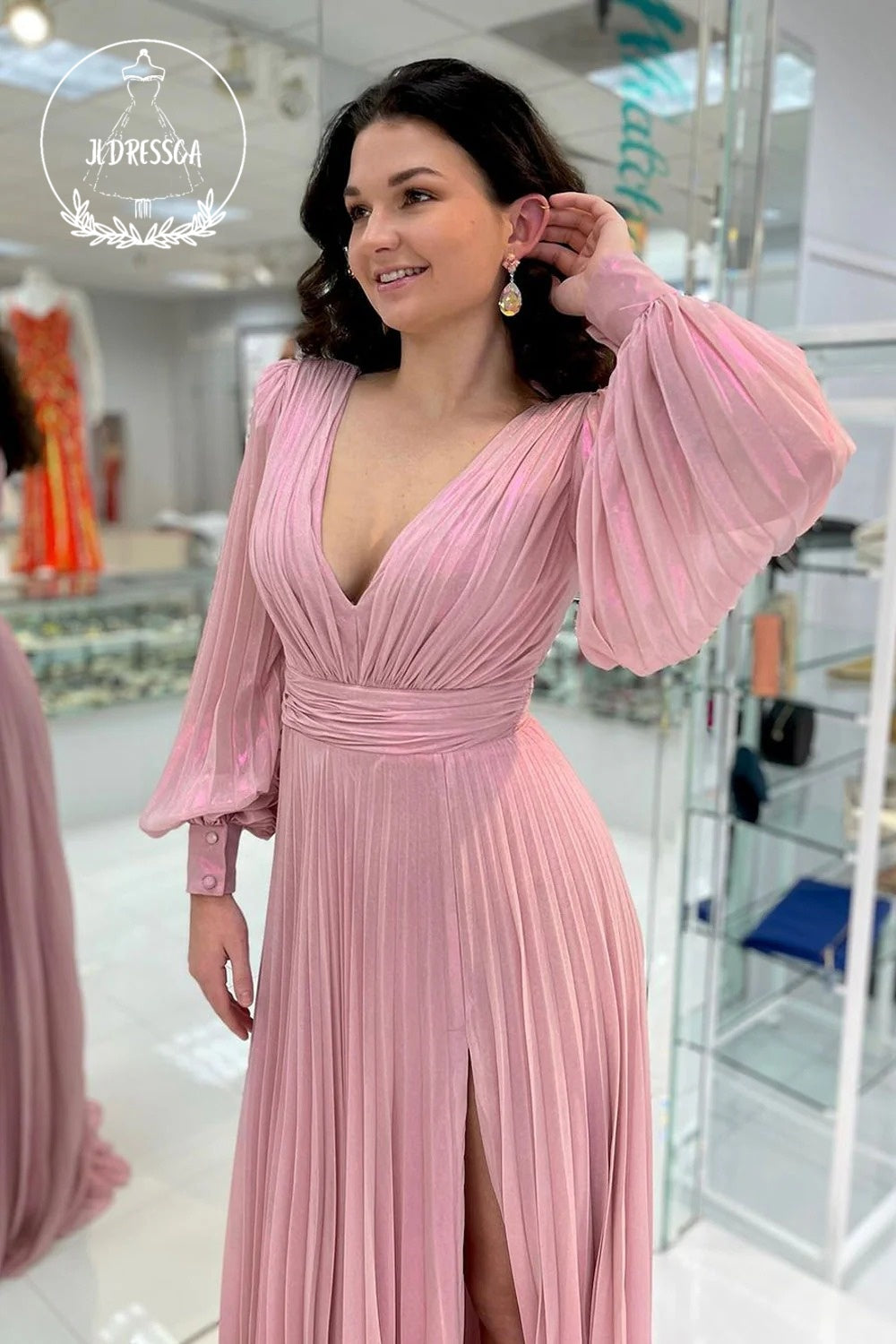 Blush Pink Charming A Line V Neck Chiffon Long Sleeves Wedding Guest Dress, BD25036