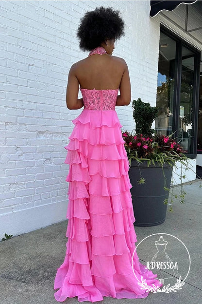 Pink Long Tiered Chiffon Prom Dresses with Halter Neck and Appliques, PD25946