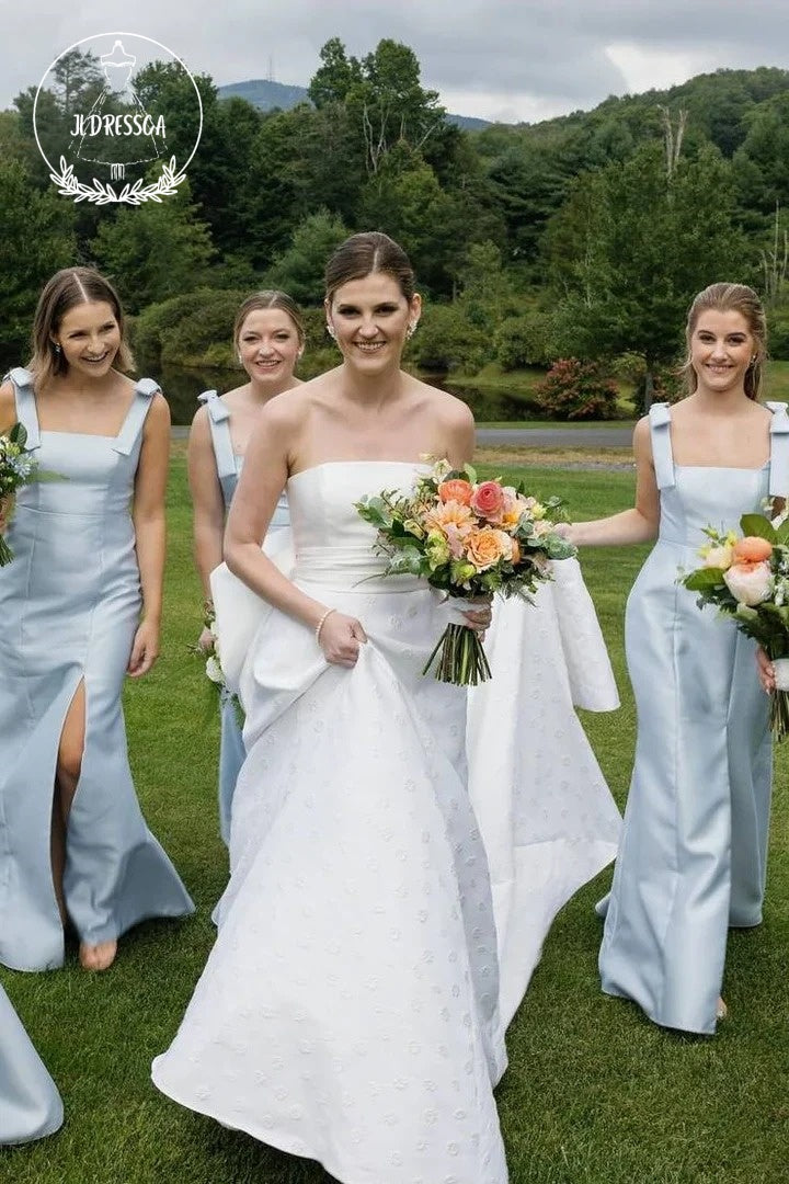 Light Blue Sheath Square Neck Fairy Satin Bridesmaid Dresses with Bow Straps, BD25026