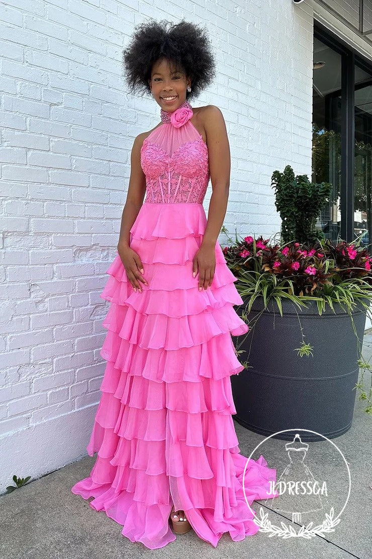 Pink Long Tiered Chiffon Prom Dresses with Halter Neck and Appliques, PD25946