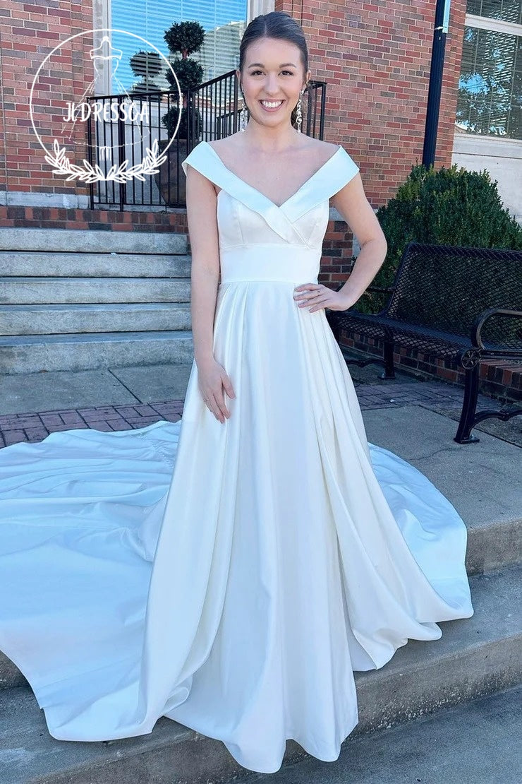 White A-Line Long Wedding Dress with V Neck and High-Waist, WD25036