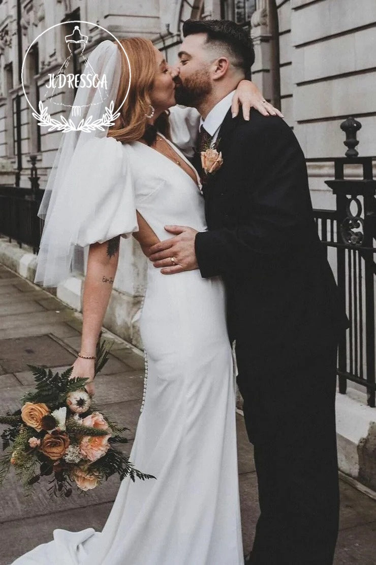 White Satin Deep V-Neck Mermaid Wedding Dresses with Slit, WD25026