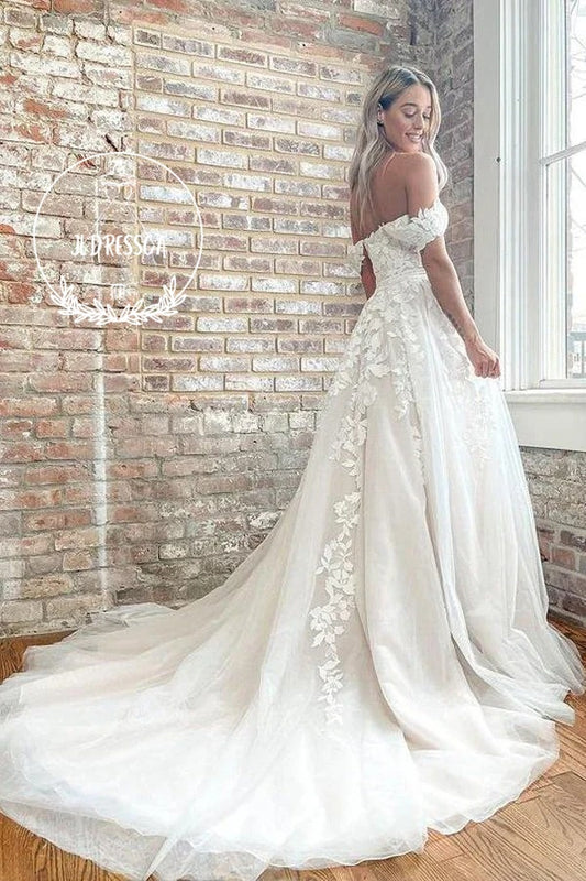 Bohemian Long Off-the-Shoulder Tulle Wedding Dresses, WD25005