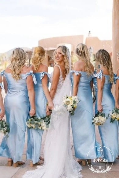Blue Sheath Off-Shoulder Silk Satin Long Bridesmaid Dress, BD25046