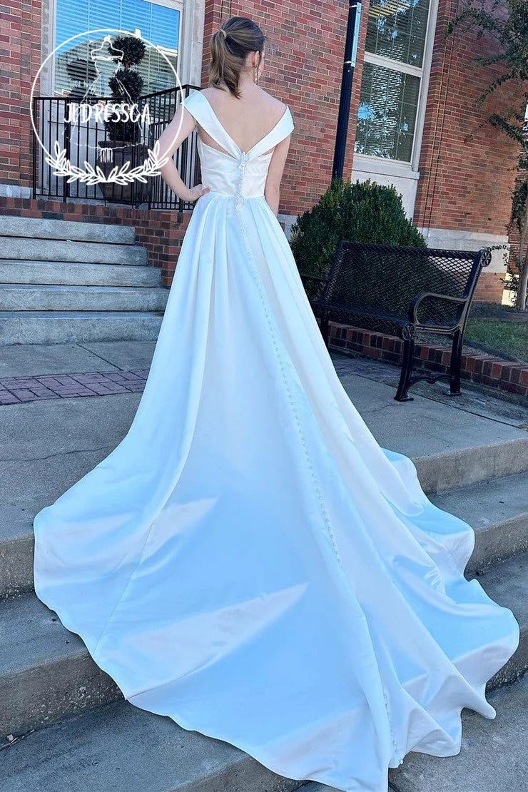 White A-Line Long Wedding Dress with V Neck and High-Waist, WD25036