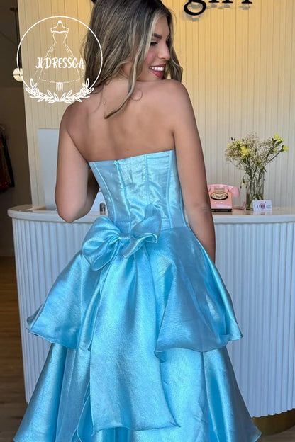 A - Line Long Strapless Light Blue Tiered Ruffle Prom Dresses with Bowknot, PD25936