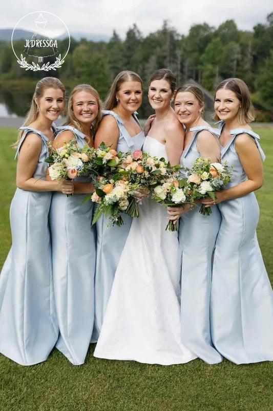 Light Blue Sheath Square Neck Fairy Satin Bridesmaid Dresses with Bow Straps, BD25026