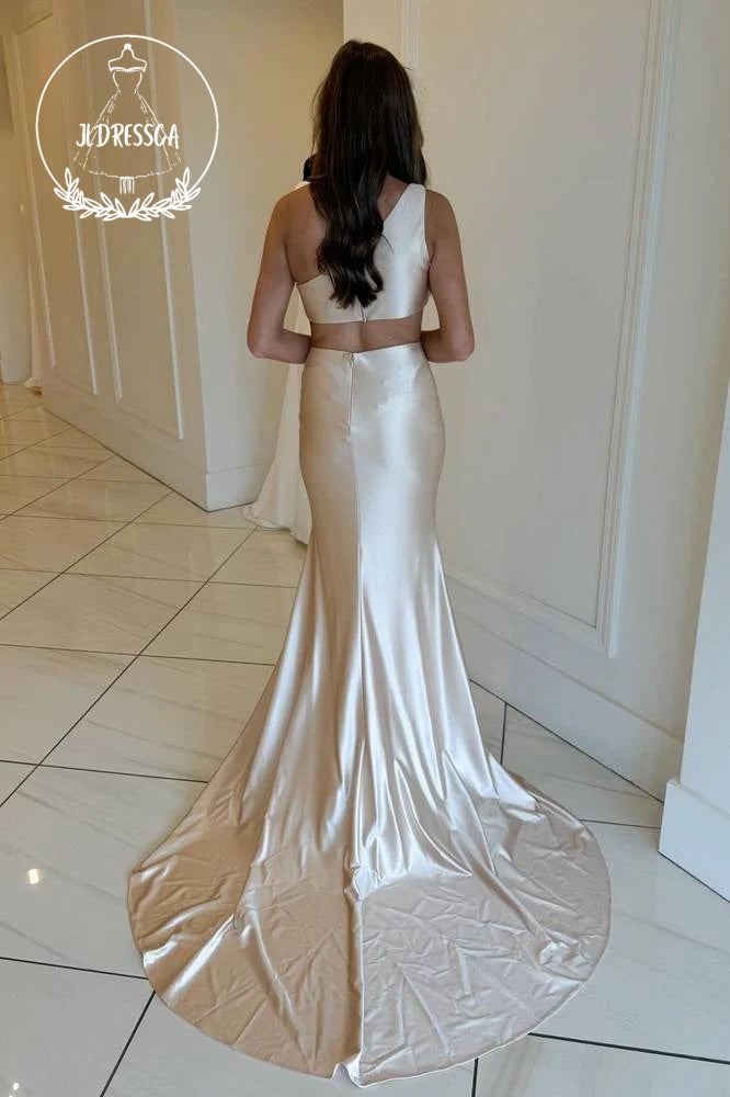Champagne Elegant One-Shoulder Mermaid Silk Satin Bridesmaid Dresses, BD25056