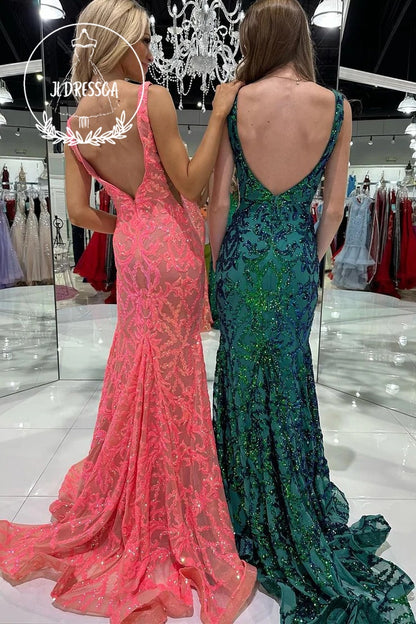 Dark Green Long Sequin Lace Prom Dresses with Deep V Neck, PD25947