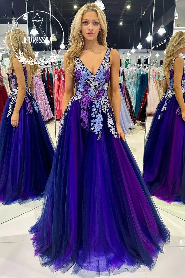 Purple Long Prom Dress with Tulle, V - Neck, Open Back and Appliques, PD25967