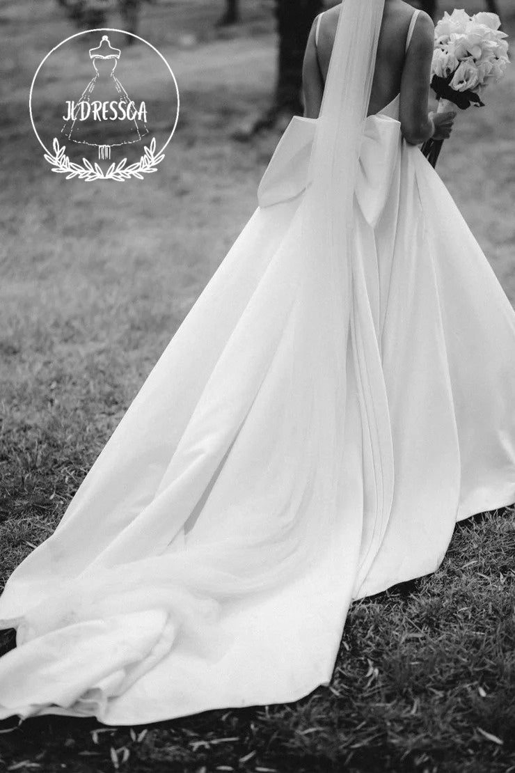 White A-Line Scoop Neck Satin Wedding Dress with Bow, WD25027