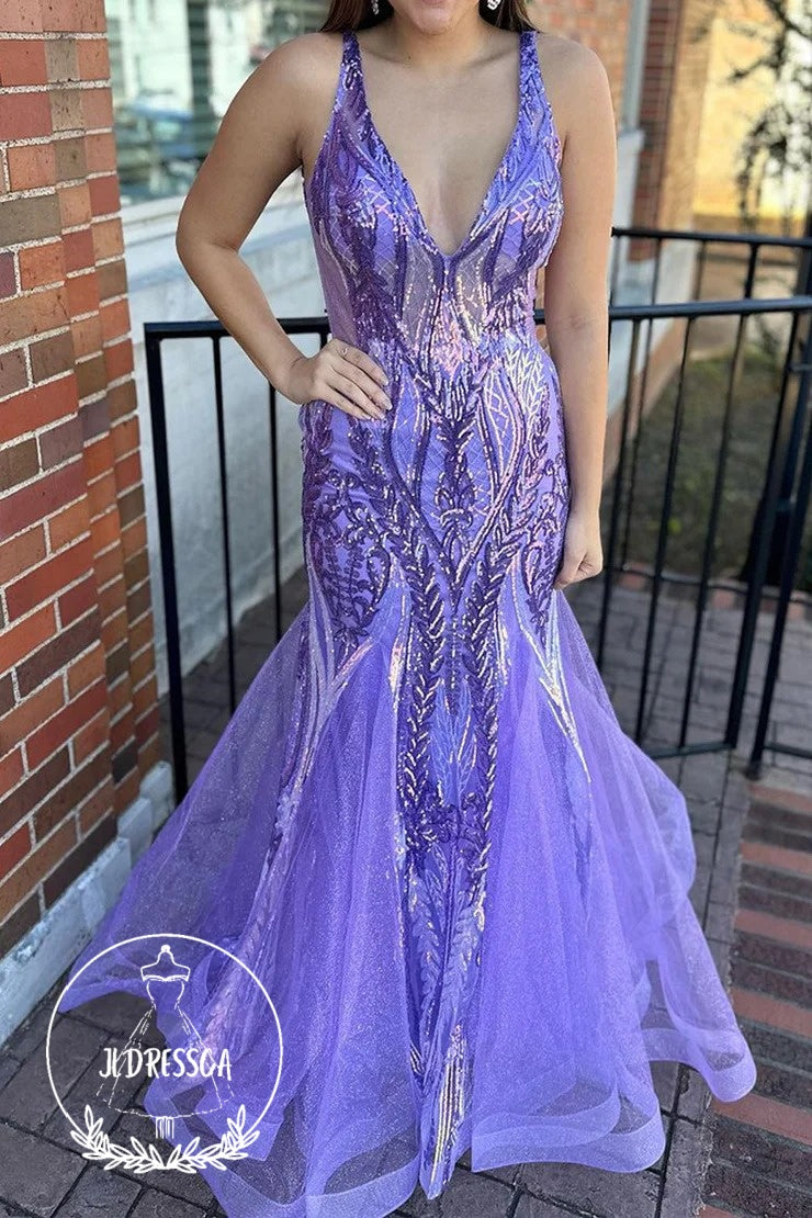 Purple Long Mermaid Prom Dresses Featuring Sequin Lace and V - Neck, PD25957