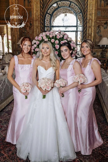 Pink Elegant Sheath Square Neck Satin Bridesmaid Dresses with Bow, BD25027