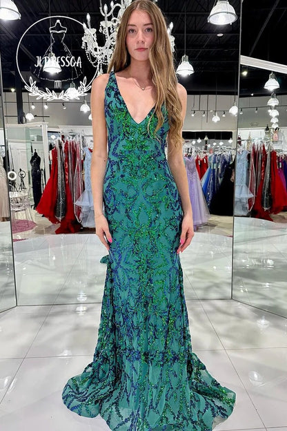 Dark Green Long Sequin Lace Prom Dresses with Deep V Neck, PD25947