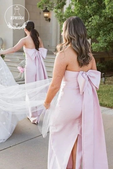 Pink Elegant Sheath Square Neck Satin Bridesmaid Dresses with Bow, BD25027