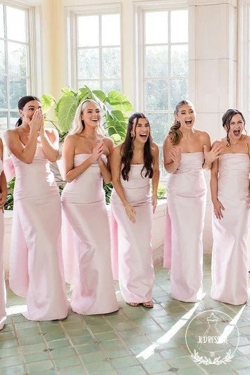 Pink Elegant Sheath Square Neck Satin Bridesmaid Dresses with Bow, BD25027