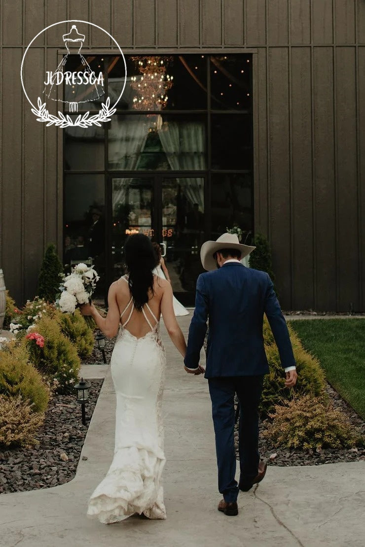 Stunning Long Mermaid Satin Wedding Dresses with V - Neck and Appliques, WD25017