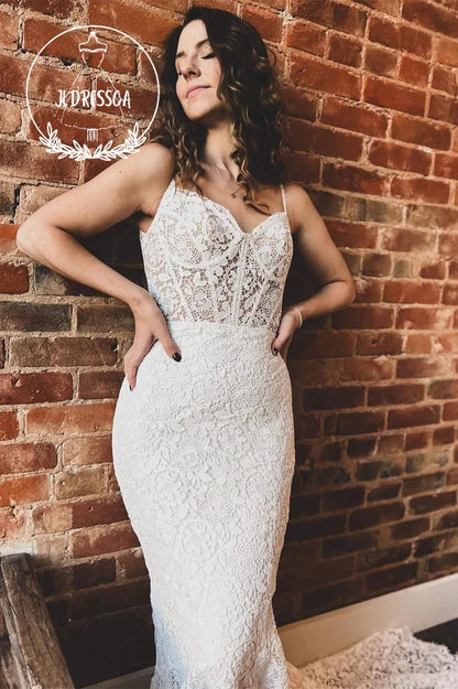 Off White Sweetheart Trumpet Long Lace Wedding Dress, WD25037