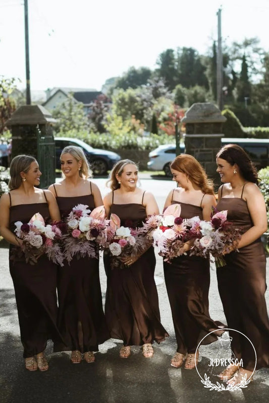 Silk Satin Sheath Straps Simple Ankle Length Bridesmaid Dresses, BD25037