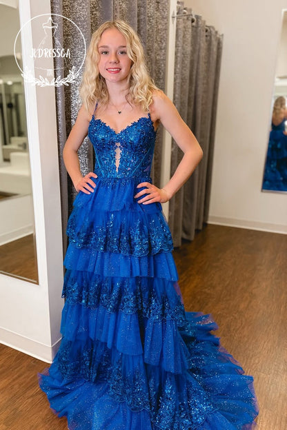 Royal Blue Sweetheart A - Line Ruffle Tiered Long Prom Dress with Appliques, PD25828
