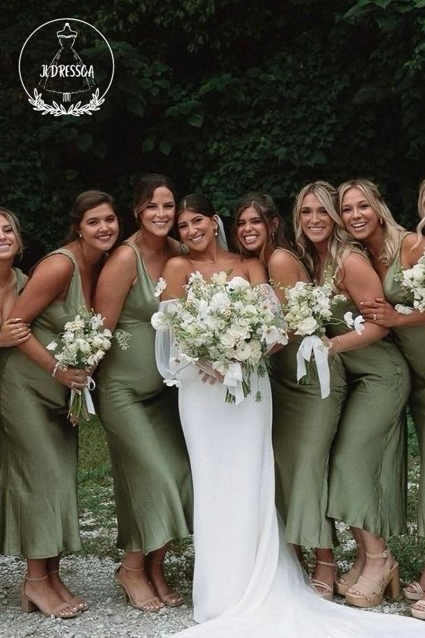 Olive Sheath V Neck Straps Chic Silk Satin Long Bridesmaid Dress, BD25048
