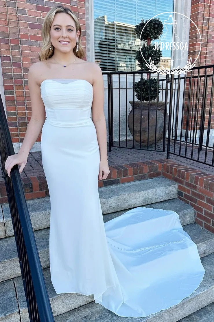 White Long Strapless Mermaid Wedding Dress, WD25038