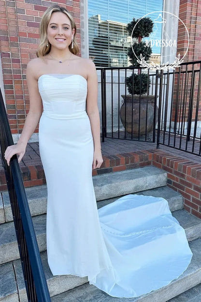 White Long Strapless Mermaid Wedding Dress, WD25038