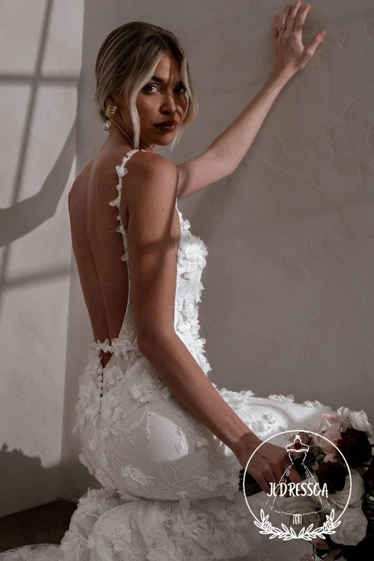 Fairy Long Mermaid Lace Wedding Dresses with Square Neck and 3D Appliques, WD25003