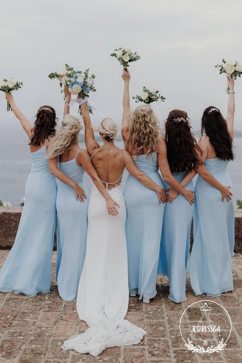 Light Blue Sheath One Shoulder Simple Chiffon Slit Bridesmaid Dress, BD25028