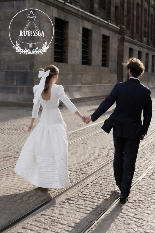 Vintage Long A-Line Satin Wedding Dress with Round Neck and Long Sleeves, WD25018